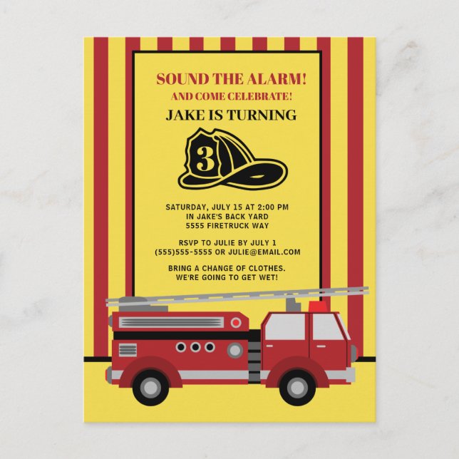 Red Yellow Striped Firetruck Child 3. Geburtstag Postkarte (Vorderseite)