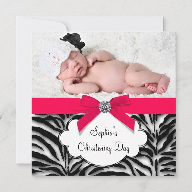Red Zebra Baby Girl Foto Christening Einladung (Vorderseite)