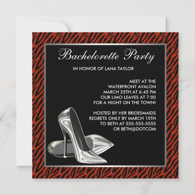 Red Zebra High Heels Junggeselinnen-Abschied Einladung (Vorderseite)