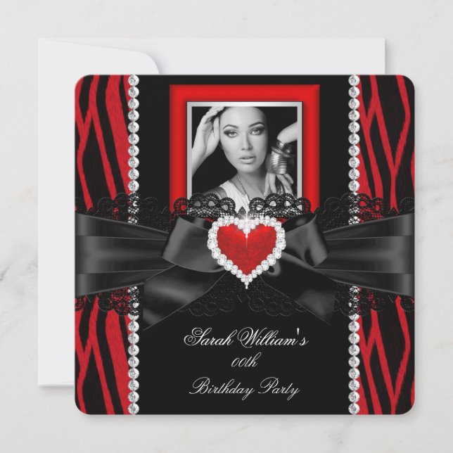 Red Zebra Lace Diamond Heart Foto Birthday Party Einladung (Vorderseite)