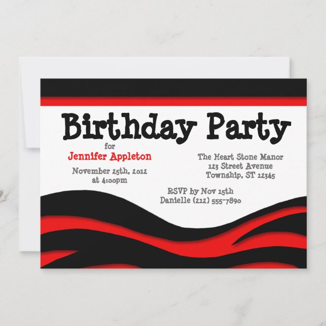 Red Zebra Print Waves Anniversaire Invitations (Devant)
