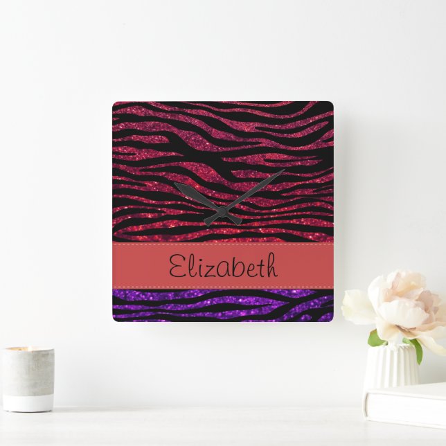 Red Zebra, Purple Zebra, Glitter Zebra, Your Name Quadratische Wanduhr (Zuhause)