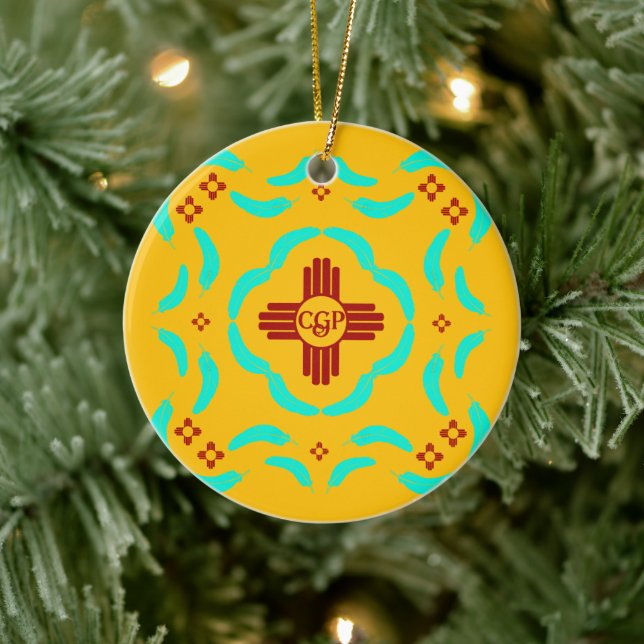 Red Zia Symbols New Mexico Türkis Feathers Keramik Ornament (Baum)