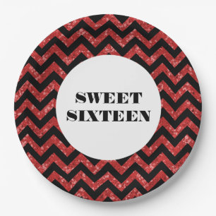 Red Zickzack Glitzer Sweet 16 Paper Tellers Pappteller