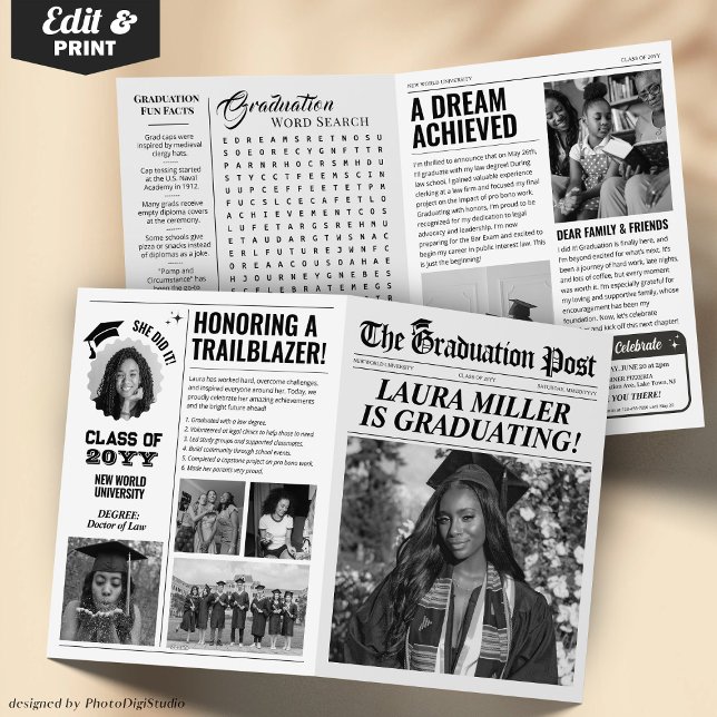 Redaktionelle Abschluss Zeitung Einladung (Editable Graduation Newspaper Announcement 4 pages card print, Unique Graduation Invite with Photos)