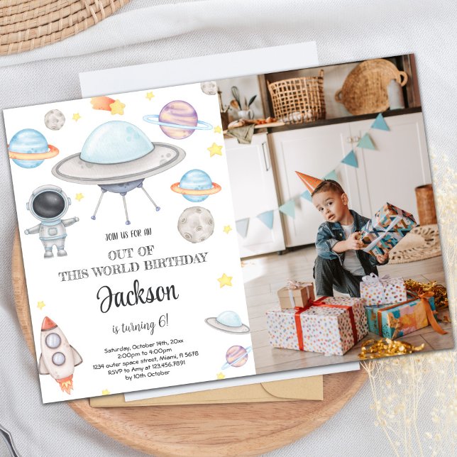 Redaktioneller Weltraum zum Geburtstag Einladung (Outer Space Birthday Invitations with photo)