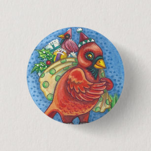 REDBIRD SANTA, CHRISTMAS KARDINAL BIRD BUTTON RUND