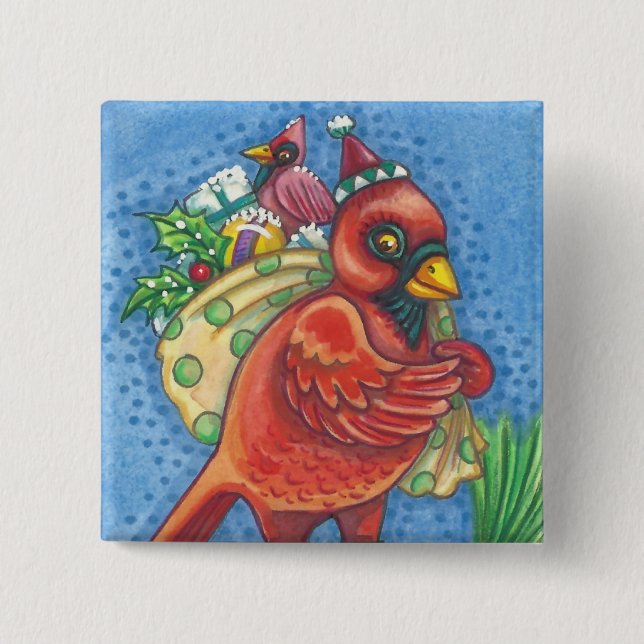 REDBIRD SANTA, CHRISTMAS KARDINAL BIRD BUTTON Squ (Vorderseite)