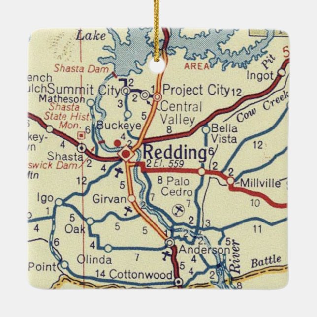 Redding California Vintag Map Keramikornament (Rückseite)