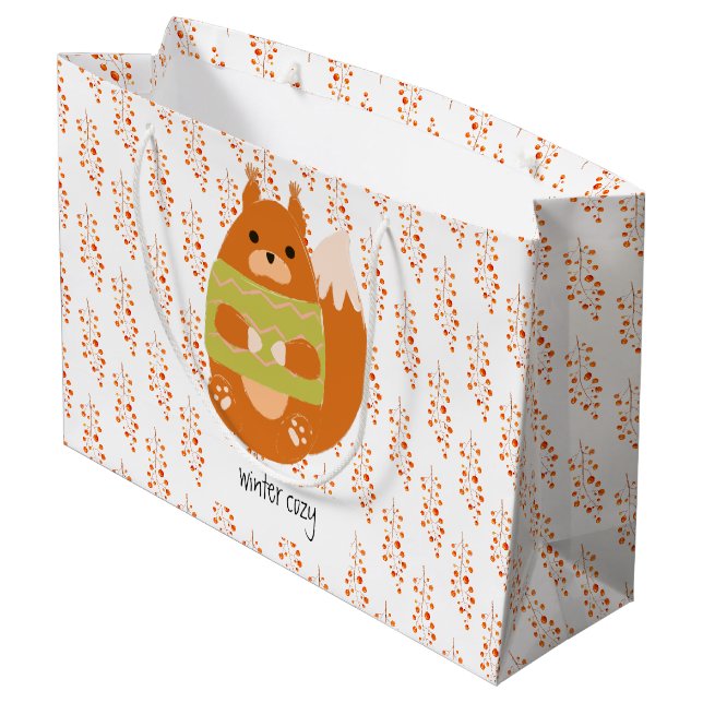 Reddish Brown Squirrel In a Green Sweater Große Geschenktüte (Rückseite Schrägansicht)