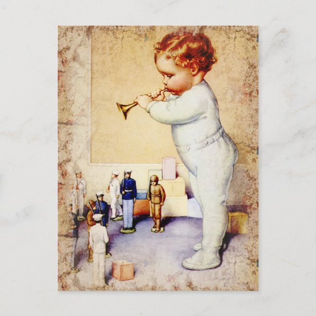 Redhead Baby Boy geblasene Horn zu Soldaten Postkarte (Vorderseite)