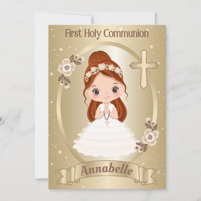 Redhead Girl First Heilige Kommunion Einladung (Vorderseite)