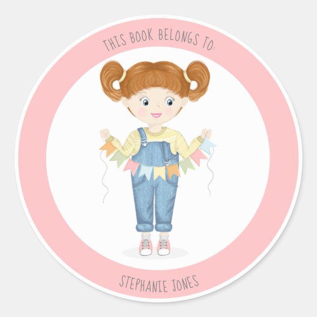 Redhead Girl in Overalls Dieses Buch gehört Runder Aufkleber (Vorderseite)