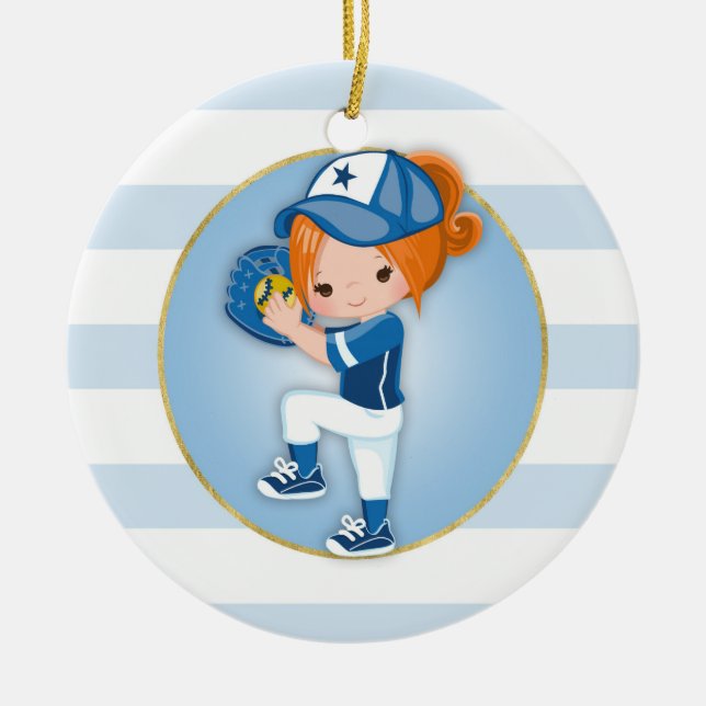 Redhead Girls Blue Softball Keramik Ornament (Vorne)