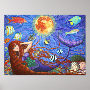Redhead-Meerjungfrau im Korsett mit Mond und Poster