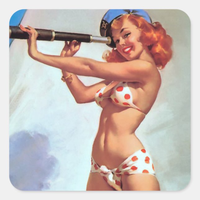 Redhead mit Spyglass Button Up Quadratischer Aufkleber (Vorderseite)