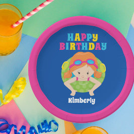 Redhead Swim Girl Custom Pool Party Happy Geburtst Pappteller