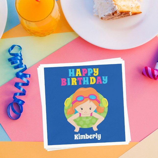 Redhead Swim Girl Custom Pool Party Happy Geburtst Serviette (Von Creator hochgeladen)