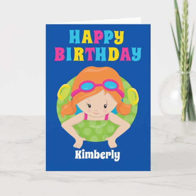 Redhead Swim Team Girl Custom Happy Birthday Karte (Vorderseite)