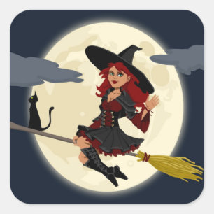 REDHEADED HALLOWEEN WITCH QUADRATISCHER AUFKLEBER