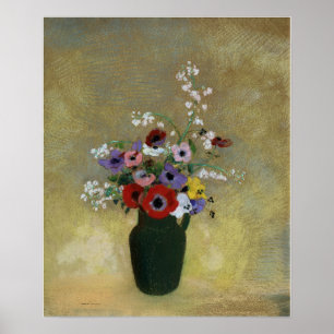 Redon - Große grüne Vase mit gemischten Blumen Poster