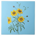 Redoute Coreopsis Flower Tile Fliese<br><div class="desc">Redoute bright yellow Coreopsis on a baby blue background.</div>