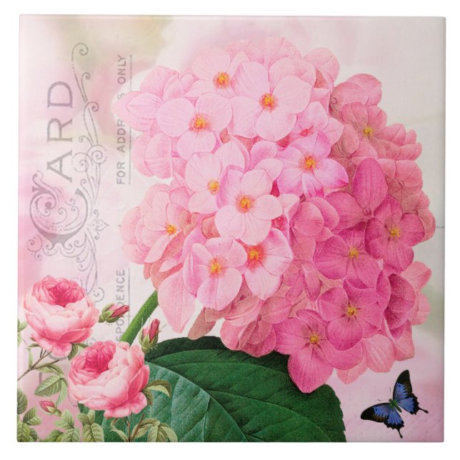 Redoute French Pink Hydrangea Rose Keramik Tile Fliese (Vorderseite)