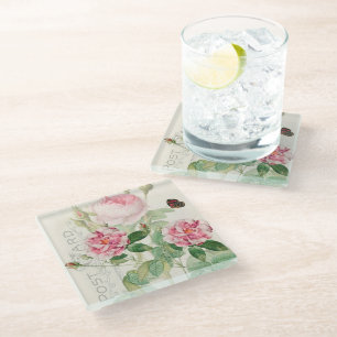 Redoute Pink Roses Blume Akzentglas Untersetzer