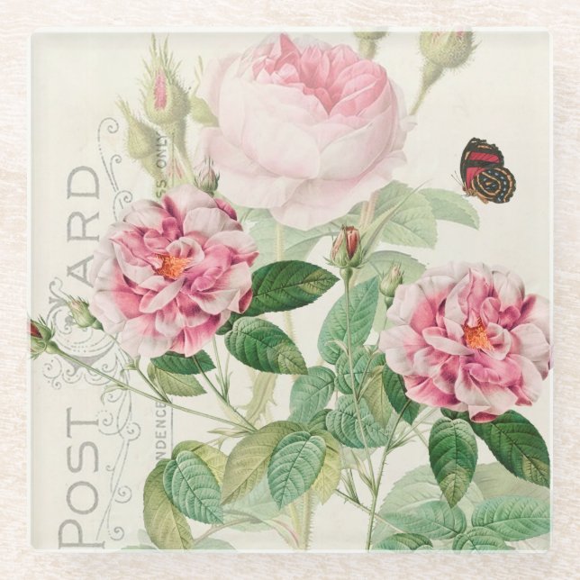 Redoute Pink Roses Blume Untersetzer (Vorderseite)