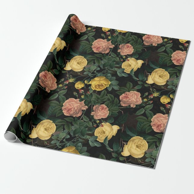 Redouté-Rose Muster auf schwarz Geschenkpapier (Ungerollt)