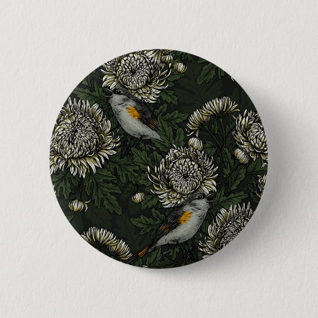 Redstarts in den Chrysanthemen in grün und weiß Button (Vorderseite)