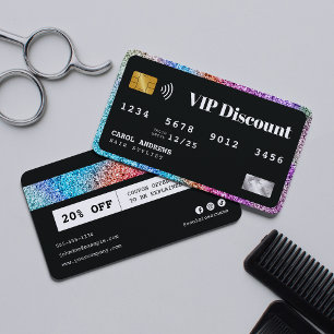 Réduction Carte VIP de coiffeur noir paillettes arc-en-ciel 