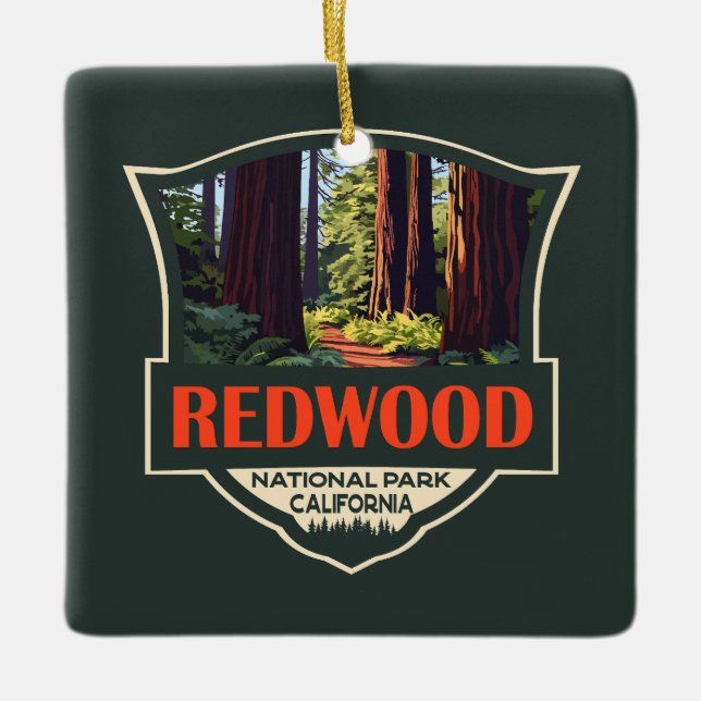 Redwood National Park Illustration Retro Abzeichen Keramikornament (Vorderseite)