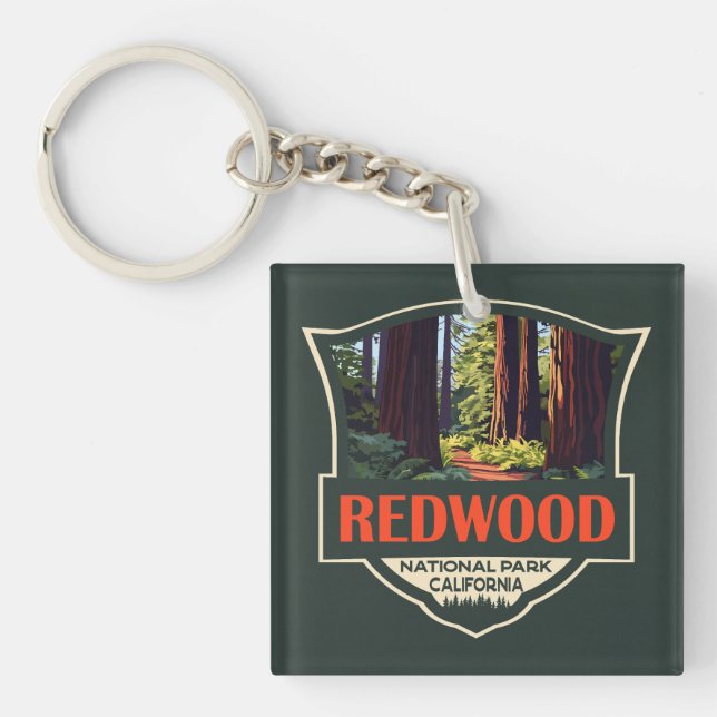 Redwood National Park Illustration Retro Abzeichen Schlüsselanhänger (Vorderseite)