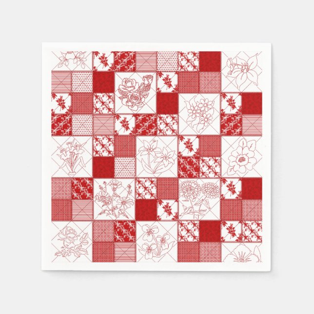 Redwork Stitched Blume Quilt Paper Napkins Serviette (Vorderseite)