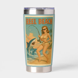 Reel Beach Shark Fishing Pin-Up Retro Coastal Art Thermobecher