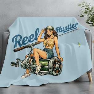 Reel Hustler Retro Angel-Fisch Pin-Up Blau Lustige Fleecedecke