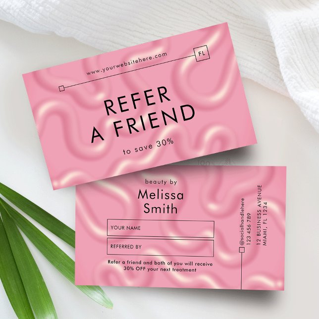 Refer a Friend Trendy Pink Abstract Spa Salon Empfehlungskarte (Girly 3D Effect blush pink refer a friend discount cards with modern type and minimal layout)