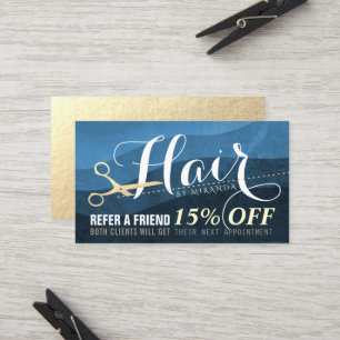 Referat zum Friseur Blue Gold Scissor Empfehlungskarte