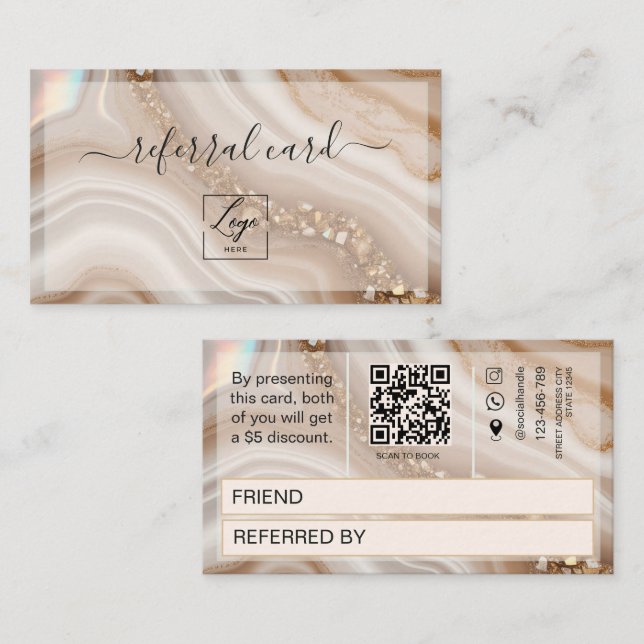 Référencement Carte de parrainage à code QR beige et or aquarell (Devant / Derrière)