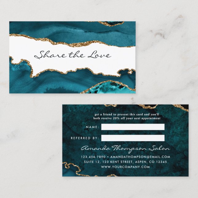 Référencement Carte de recommandation Agate Turquoise et Or (Devant / Derrière)