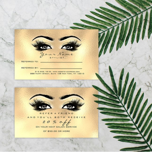 Référencement Extension de maillot de maquillage or de la carte  (Salon Referral Card Gold Makeup Lashes Extension)