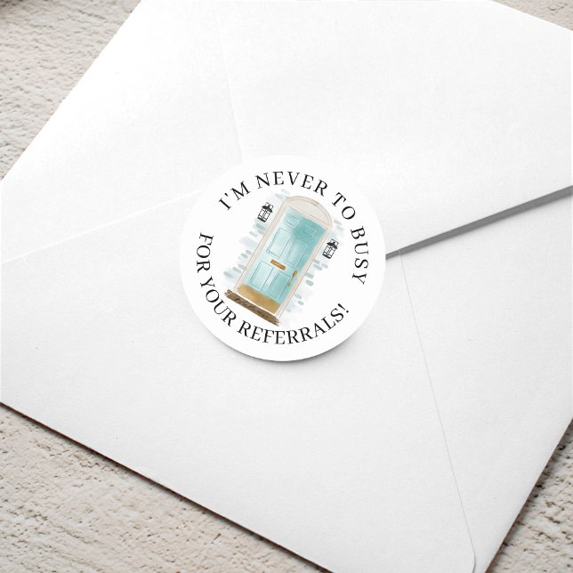 Referenz zur Frontklappe mit blauem Wasserfarben f Runder Aufkleber (Blue Watercolor Front Door Real Estate Referral Classic Round Sticker)