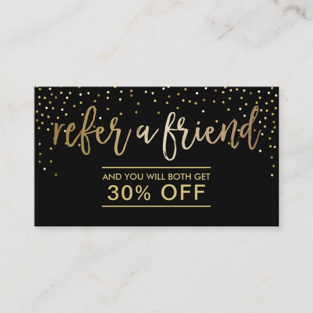 Referenzkarte | Moderne Black & Gold Confetti Empfehlungskarte (Vorderseite)