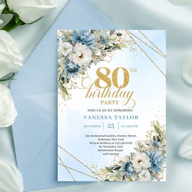 Refined 80th Birthday Invitation Boho Blue White  Einladung (Refined 80th Birthday Invitation Boho Blue White Florals)