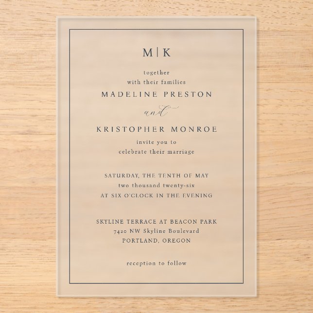 Refined Beige Calligraphy Invitation Acryleinladungen (Vorderseite)