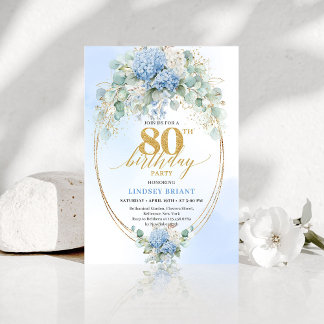 Refined Blue Floral Gold 80th Birthday Invitation Einladung