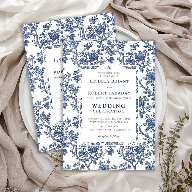 Refined Blue Floral Toile Classic Wedding Invite Einladung (Refined Blue Floral Toile Classic Wedding Invitation)