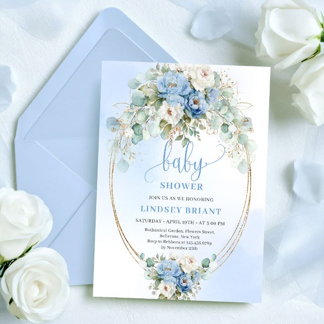 Refined Blue Peony Floral Eucalyptus Baby Shower  Einladung (Refined Blue Peony Floral Eucalyptus Baby Shower Invite)