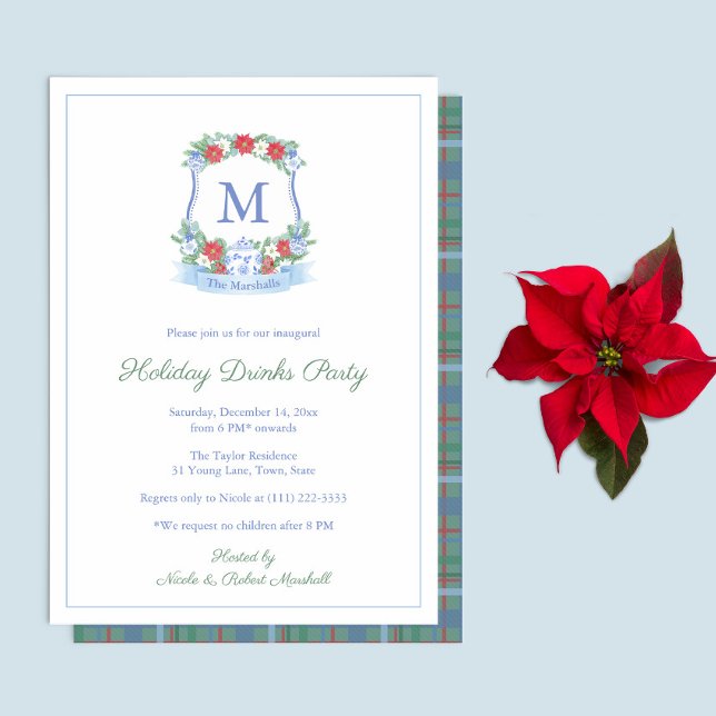Refined Blue Red Christmas Wappen Weihnachts-Party Einladung (Chinoiserie Red Blue and white Christmas crest decorates this Holiday Drinks Party Invitation)